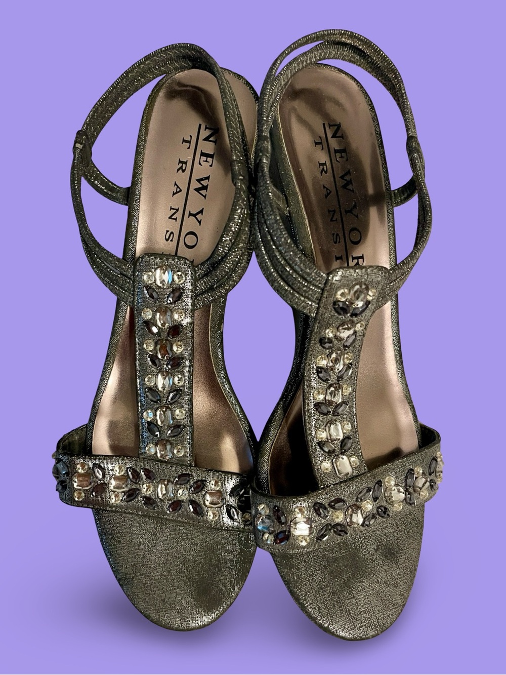 New York Transit Jeweled Platform Sandals Pewter Silver Metallic T-Strap Sz9.5